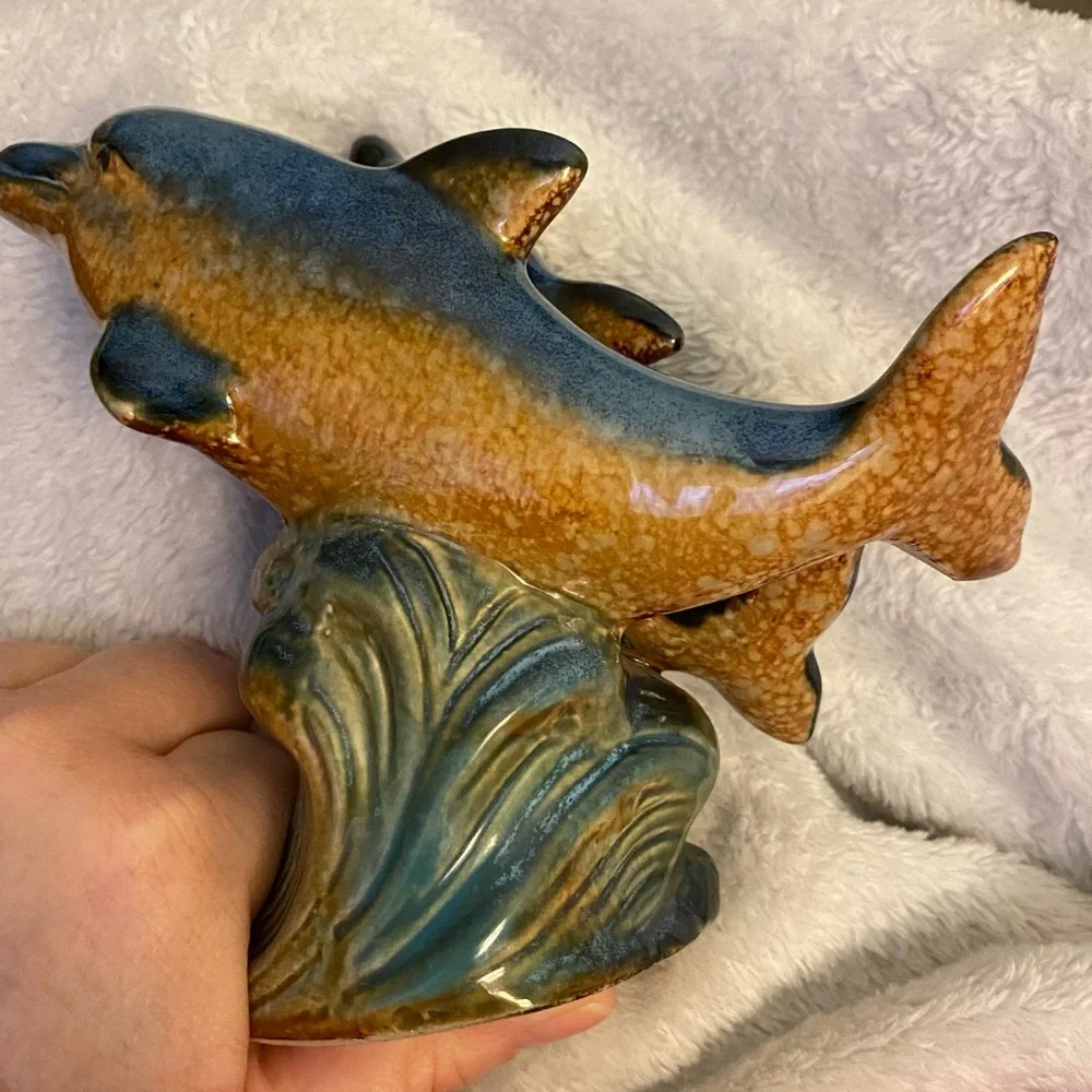 Glazed Pottery Dolphins Figure School Of Dolphins 5”x7
